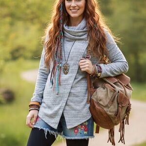 Danskin Boho Whimsical Asymmetrical Grey Cotton Wrap Sweater Funnel Cowl Neck